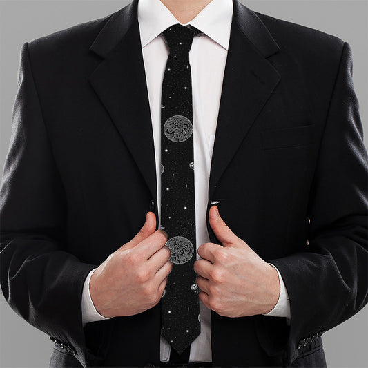 Black And White Planets Pattern Print Necktie