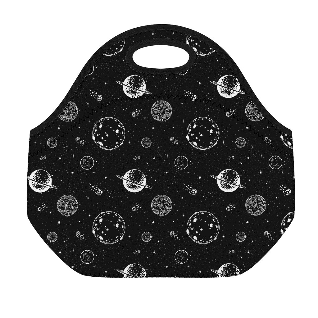Black And White Planets Pattern Print Neoprene Lunch Bag