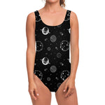 Black And White Planets Pattern Print One Piece Swimsuit