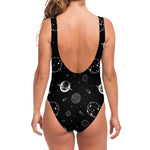 Black And White Planets Pattern Print One Piece Swimsuit