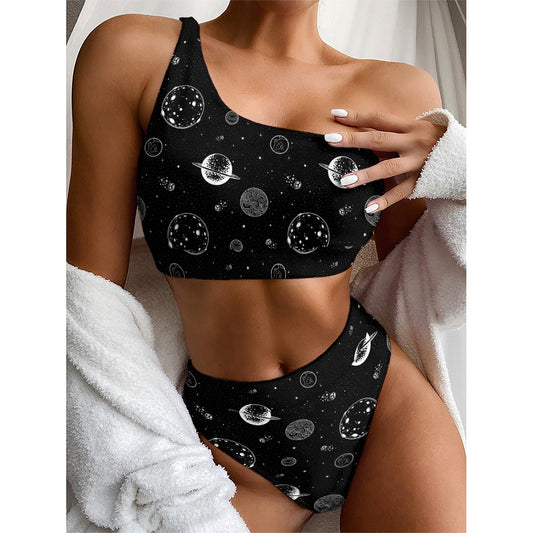 Black And White Planets Pattern Print One Shoulder Bikini Top
