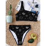 Black And White Planets Pattern Print One Shoulder Bikini Top