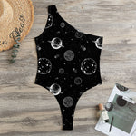 Black And White Planets Pattern Print One Shoulder Bodysuit
