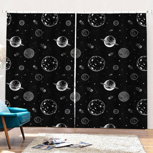 Black And White Planets Pattern Print Pencil Pleat Curtains