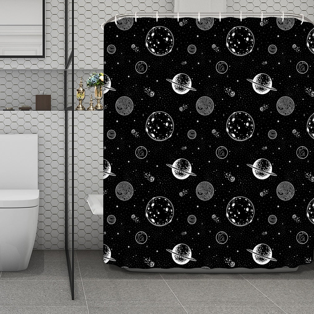 Black And White Planets Pattern Print Polyester Shower Curtain
