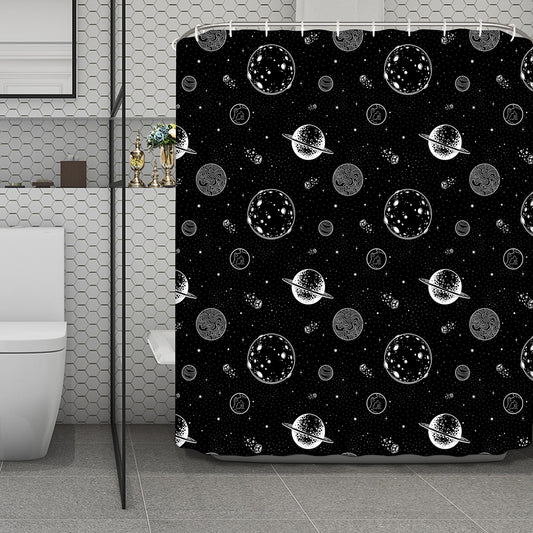 Black And White Planets Pattern Print Polyester Shower Curtain