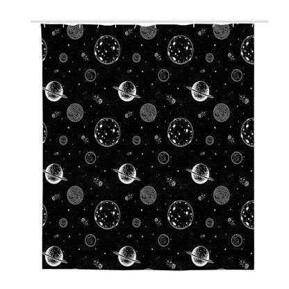 Black And White Planets Pattern Print Polyester Shower Curtain