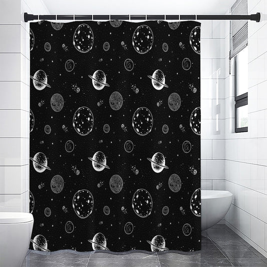 Black And White Planets Pattern Print Premium Shower Curtain