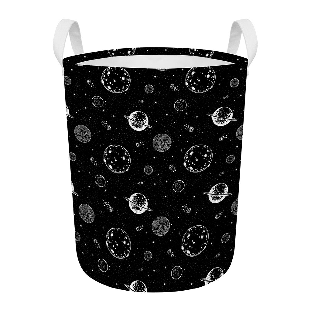 Black And White Planets Pattern Print Round Laundry Basket