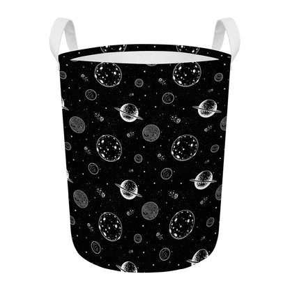 Black And White Planets Pattern Print Round Laundry Basket