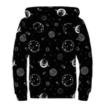 Black And White Planets Pattern Print Sherpa Lined Zip Up Hoodie