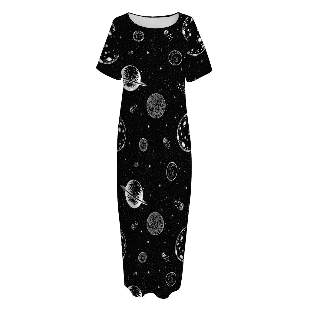 Black And White Planets Pattern Print Short Sleeve Long Nightdress