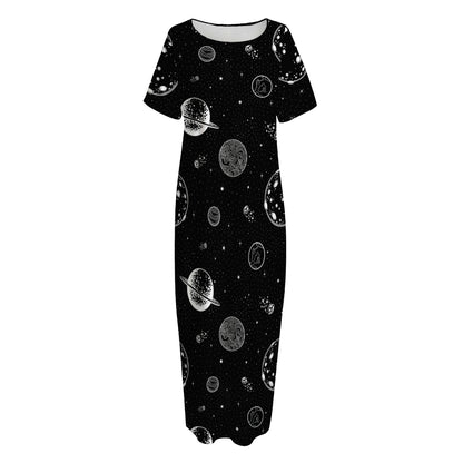 Black And White Planets Pattern Print Short Sleeve Long Nightdress