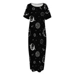 Black And White Planets Pattern Print Short Sleeve Long Nightdress