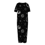 Black And White Planets Pattern Print Short Sleeve Long Nightdress