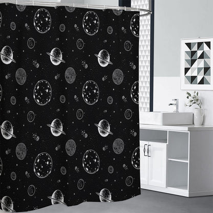 Black And White Planets Pattern Print Shower Curtain