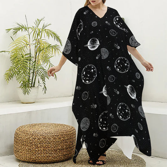 Black And White Planets Pattern Print Silk V-Neck Kaftan Dress
