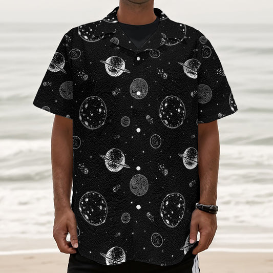 Black And White Planets Pattern Print Textured Short Sleeve Shirt