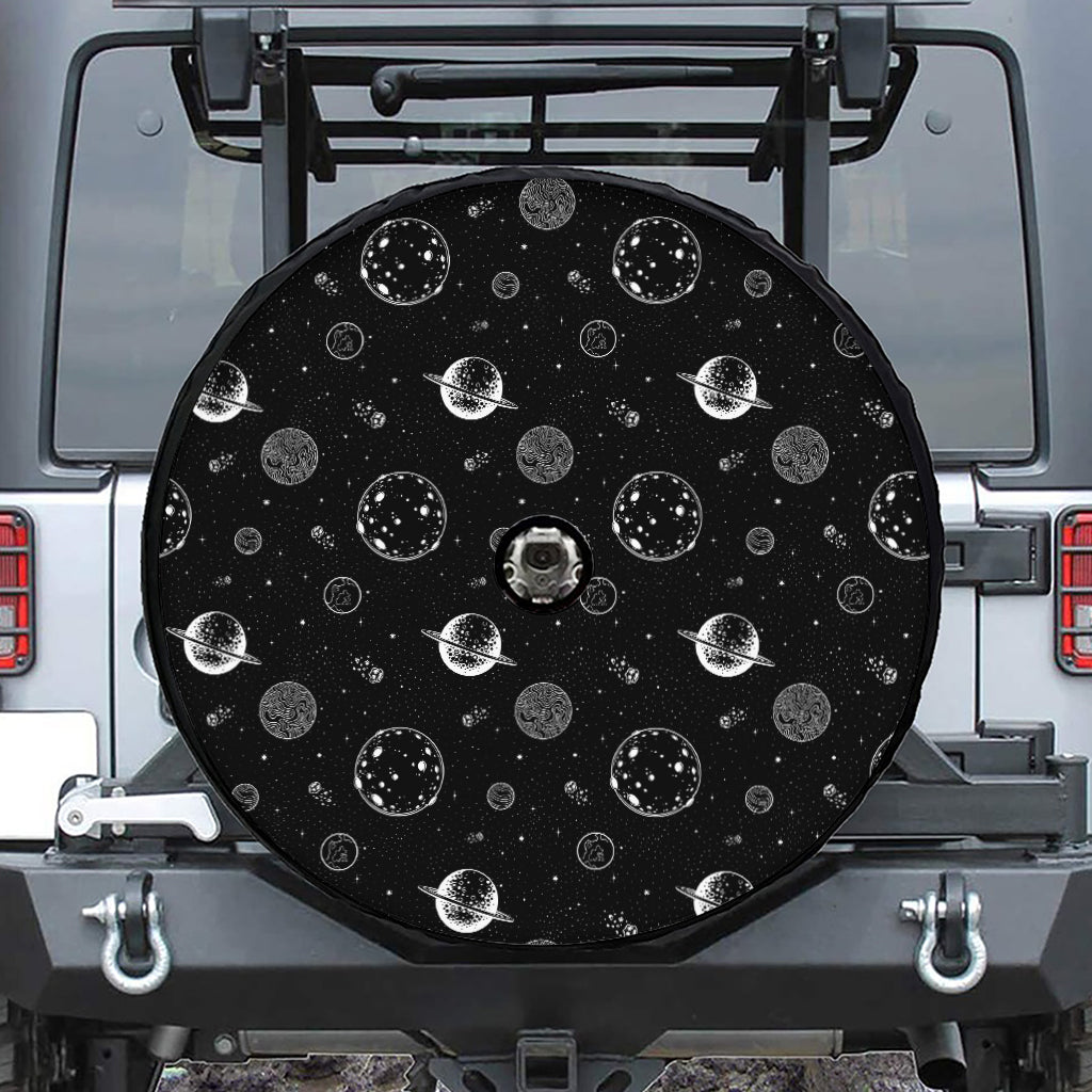 Black And White Planets Pattern Print Tire Cover With Camera Hole