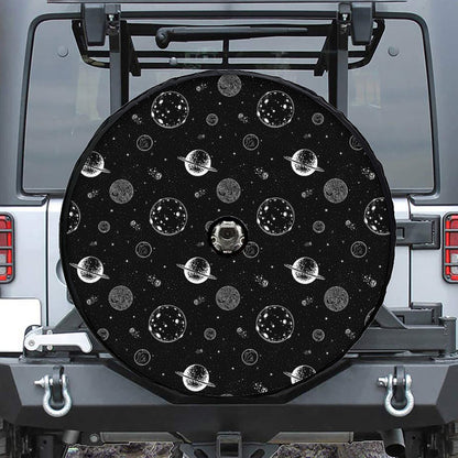 Black And White Planets Pattern Print Tire Cover With Camera Hole