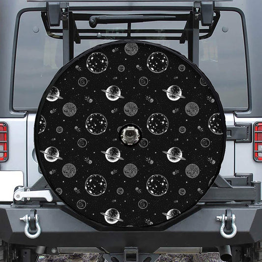 Black And White Planets Pattern Print Tire Cover With Camera Hole