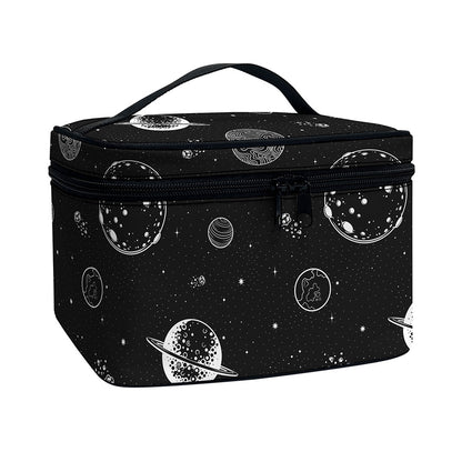 Black And White Planets Pattern Print Travel Makeup Bag