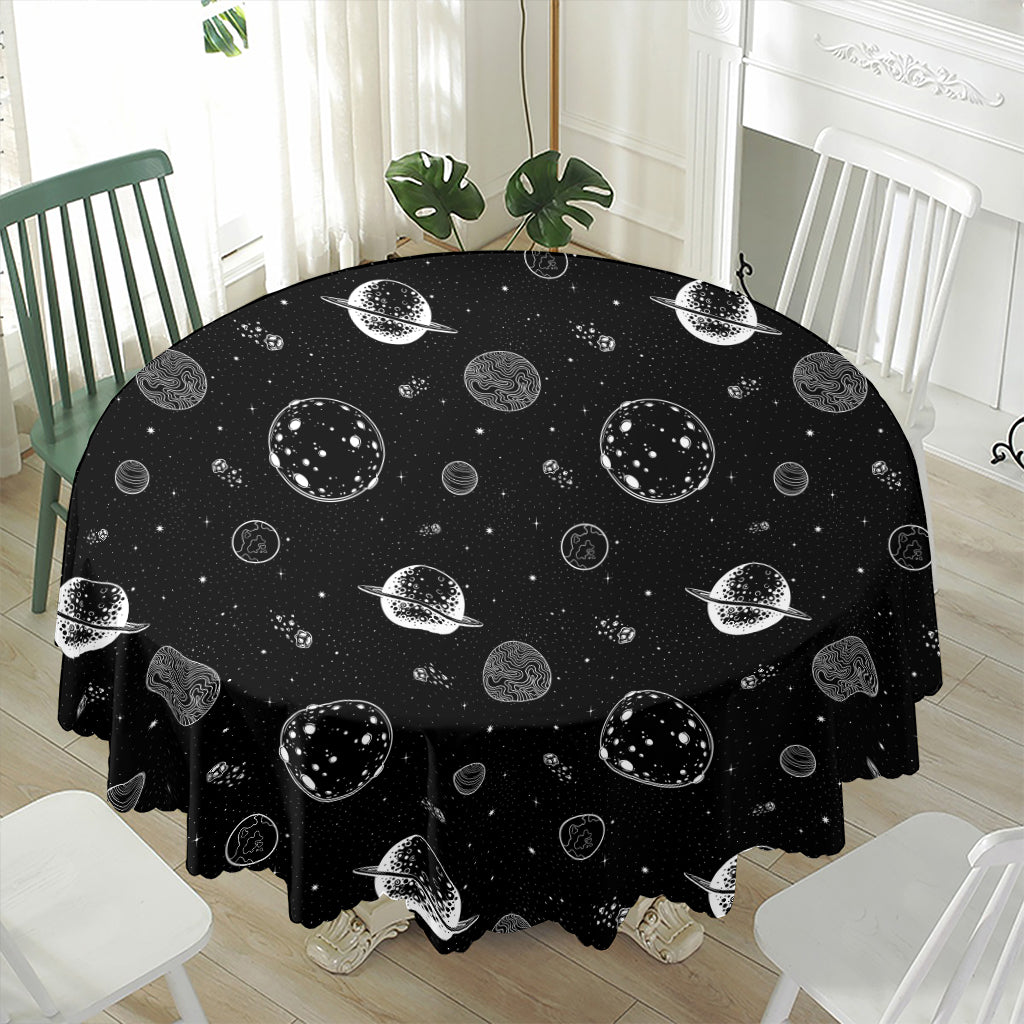 Black And White Planets Pattern Print Waterproof Round Tablecloth