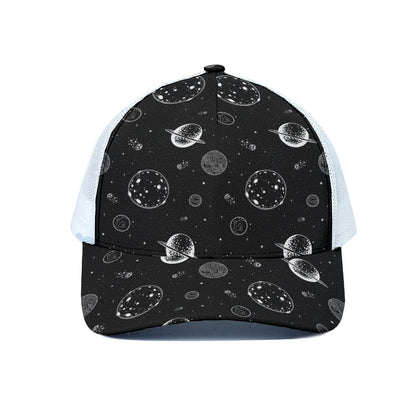 Black And White Planets Pattern Print White Mesh Trucker Cap