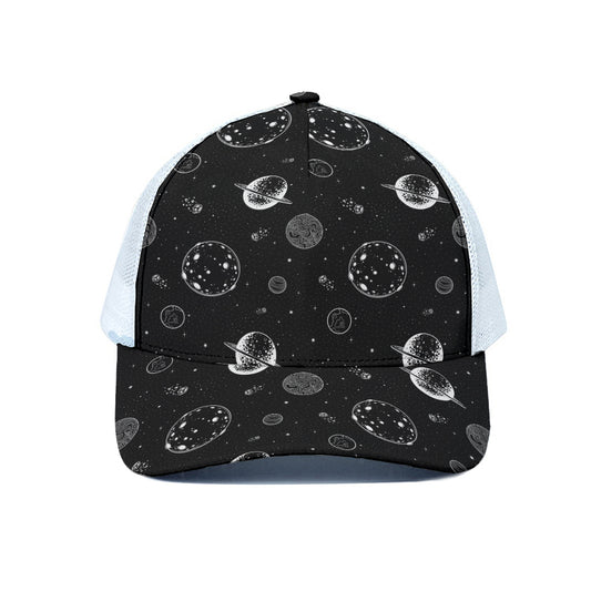 Black And White Planets Pattern Print White Mesh Trucker Cap