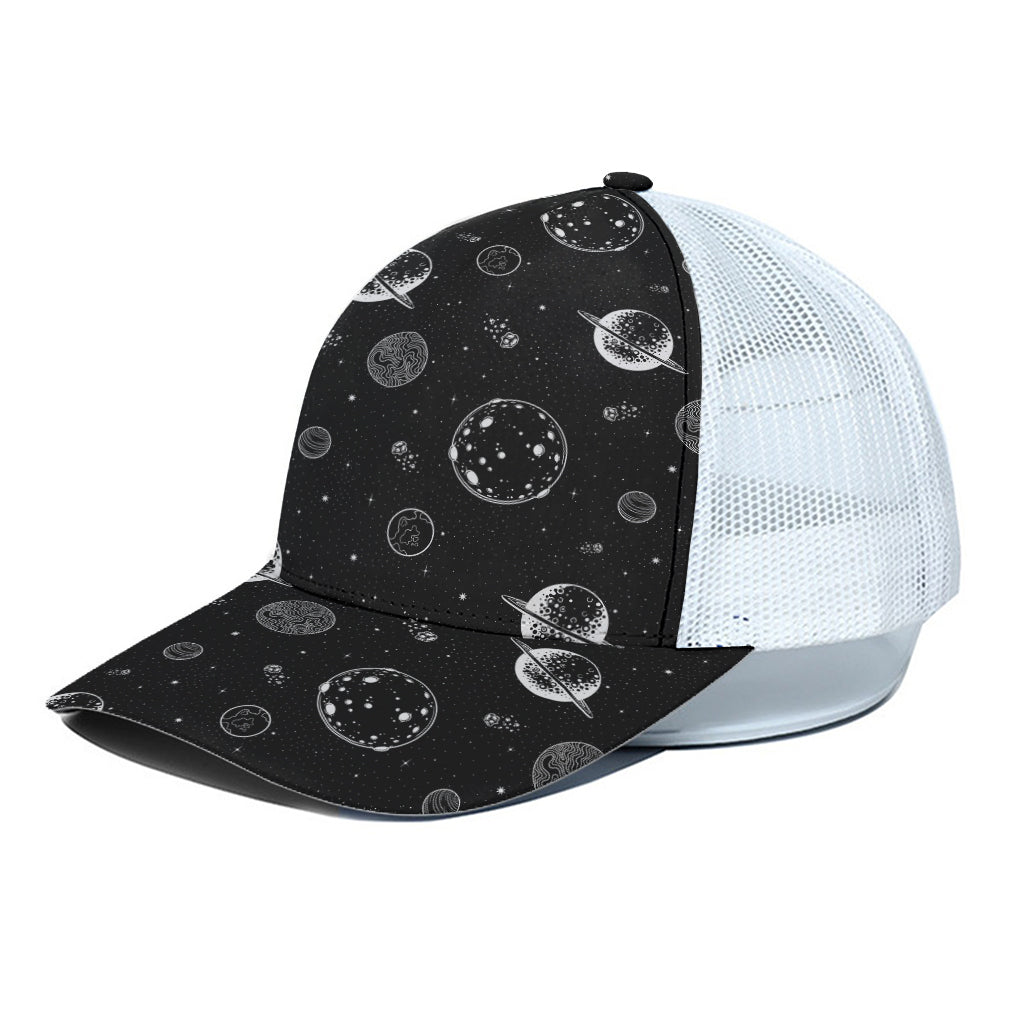 Black And White Planets Pattern Print White Mesh Trucker Cap