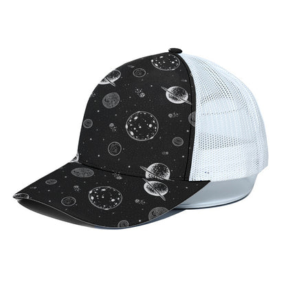 Black And White Planets Pattern Print White Mesh Trucker Cap