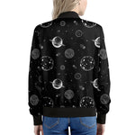 Black And White Planets Pattern Print Women's Bomber Jacket