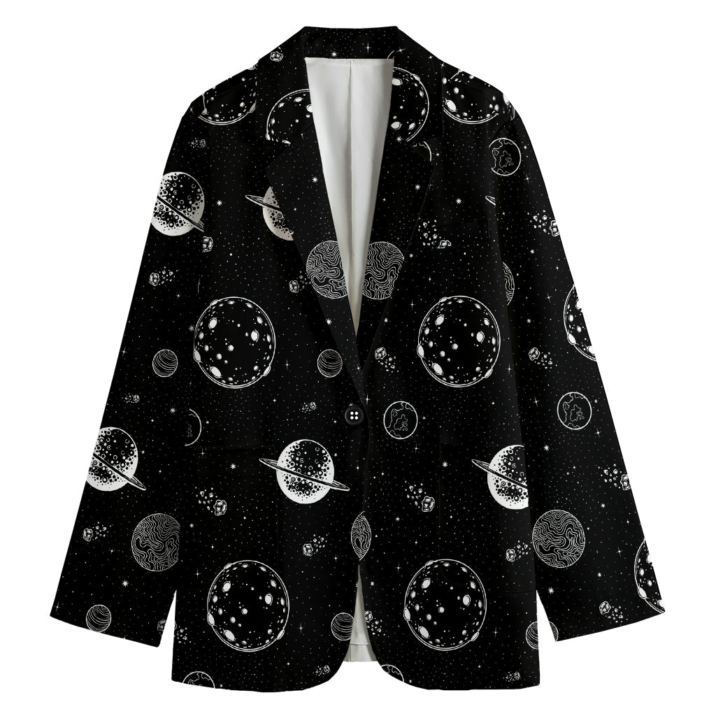 Black And White Planets Pattern Print Women's Cotton Blazer