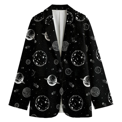 Black And White Planets Pattern Print Women's Cotton Blazer