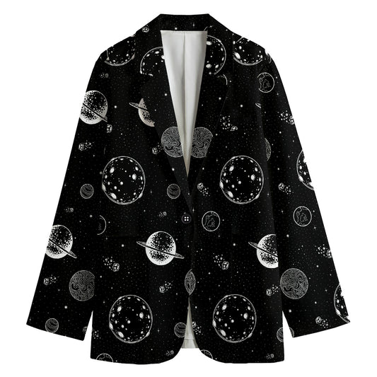 Black And White Planets Pattern Print Women's Cotton Blazer
