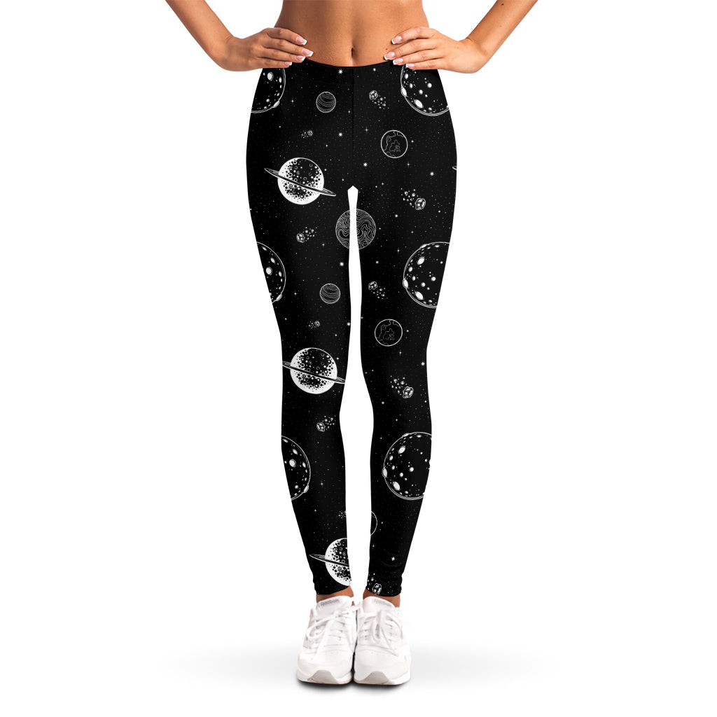 Black And White Planets Pattern Print Women's Leggings