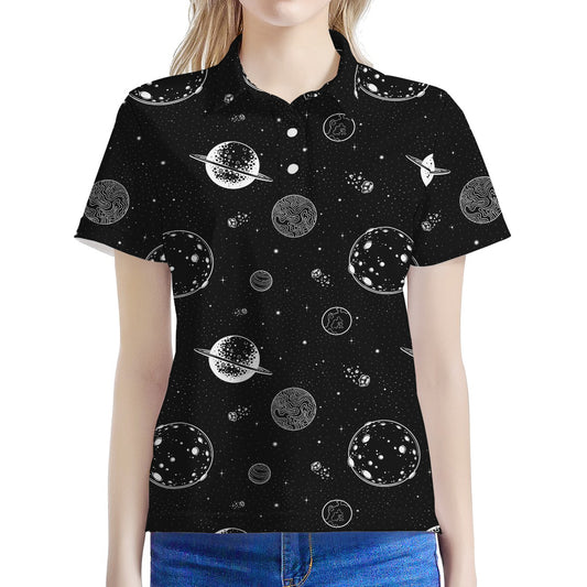 Black And White Planets Pattern Print Women's Polo Shirt