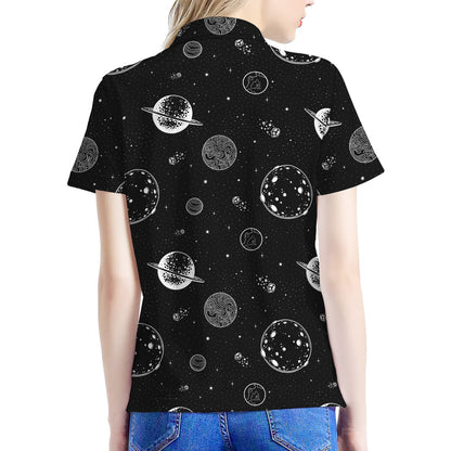 Black And White Planets Pattern Print Women's Polo Shirt