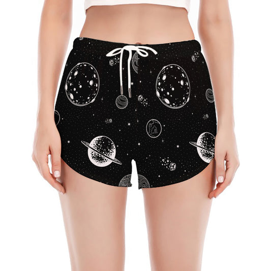 Black And White Planets Pattern Print Women's Split Running Shorts