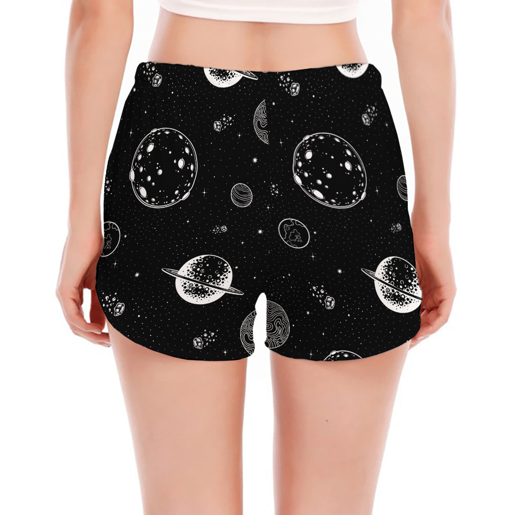 Black And White Planets Pattern Print Women's Split Running Shorts