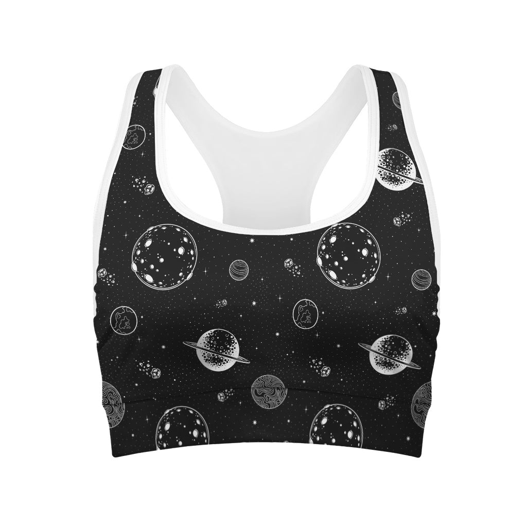 Black And White Planets Pattern Print Women's Sports Bra