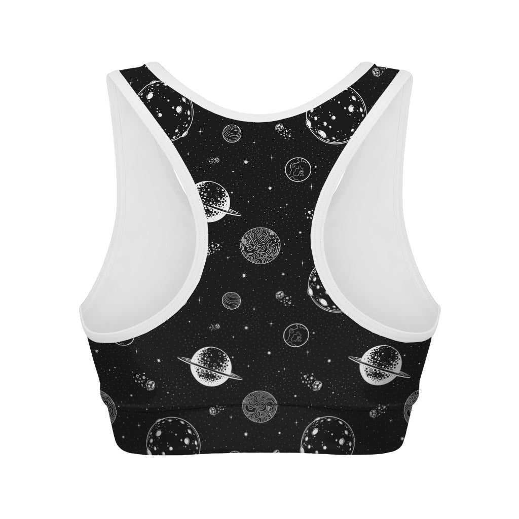 Black And White Planets Pattern Print Women's Sports Bra