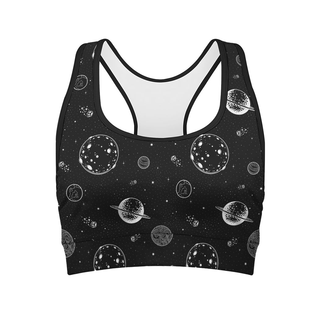 Black And White Planets Pattern Print Women's Sports Bra