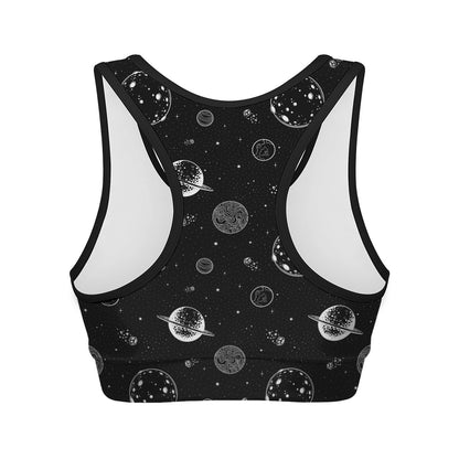 Black And White Planets Pattern Print Women's Sports Bra