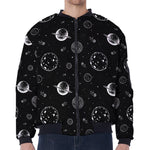 Black And White Planets Pattern Print Zip Sleeve Bomber Jacket