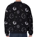 Black And White Planets Pattern Print Zip Sleeve Bomber Jacket