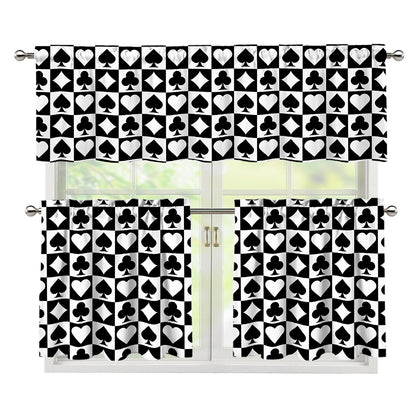 Black And White Playing Card Suits Print 3 Piece Kitchen Curtains