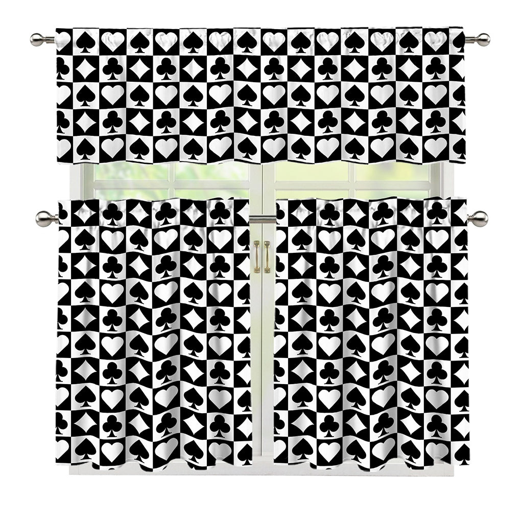 Black And White Playing Card Suits Print 3 Piece Kitchen Curtains