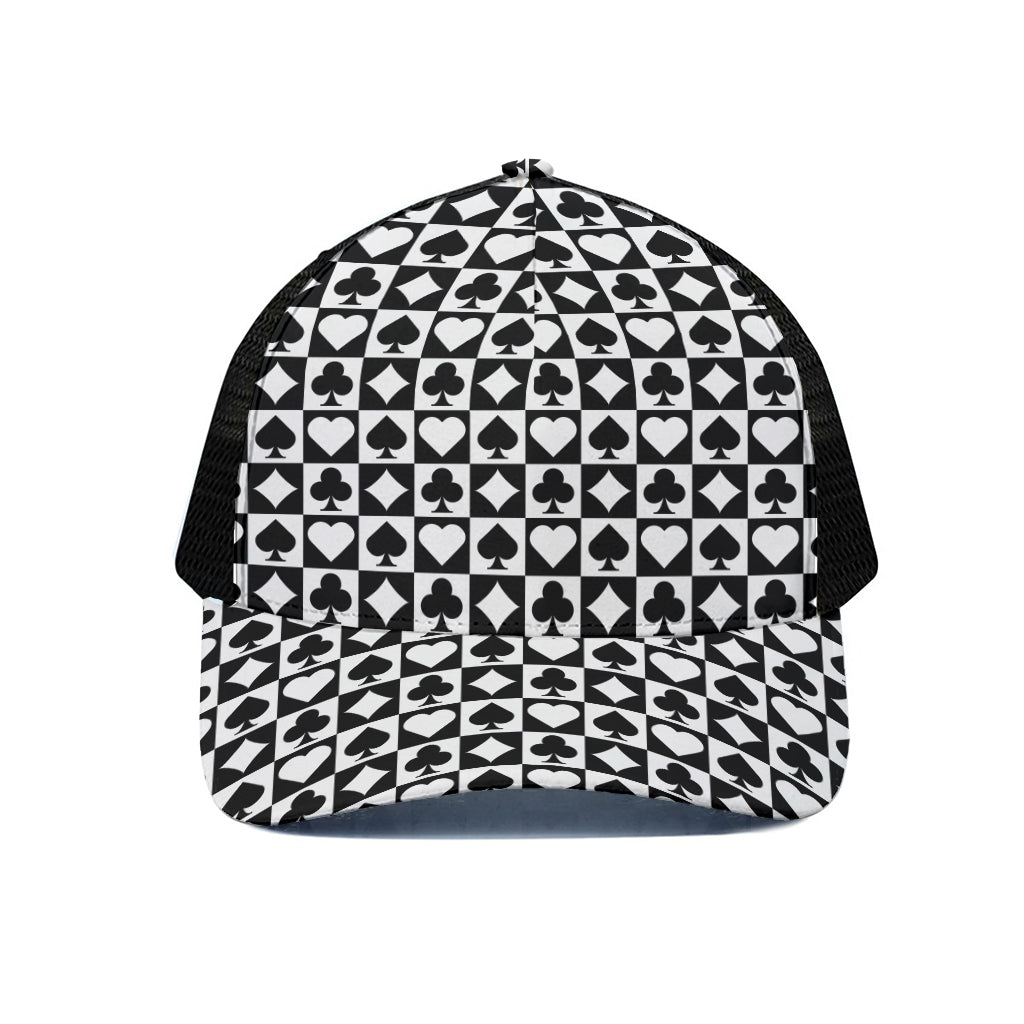 Black And White Playing Card Suits Print Black Mesh Trucker Cap