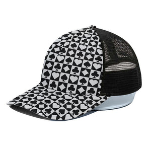 Black And White Playing Card Suits Print Black Mesh Trucker Cap